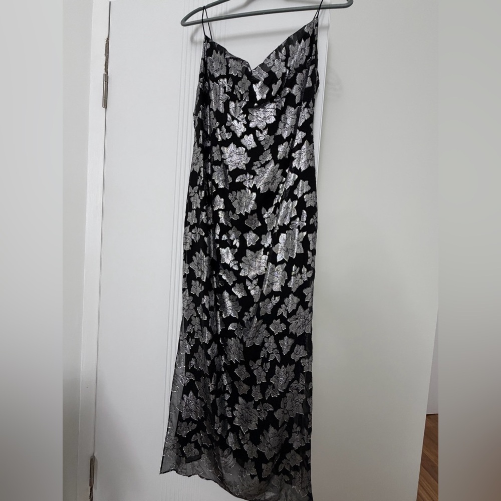 Club Monaco Black Maxi Slip Dress with Silver Floral